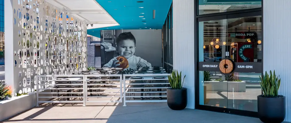 Outdoor patio with mural