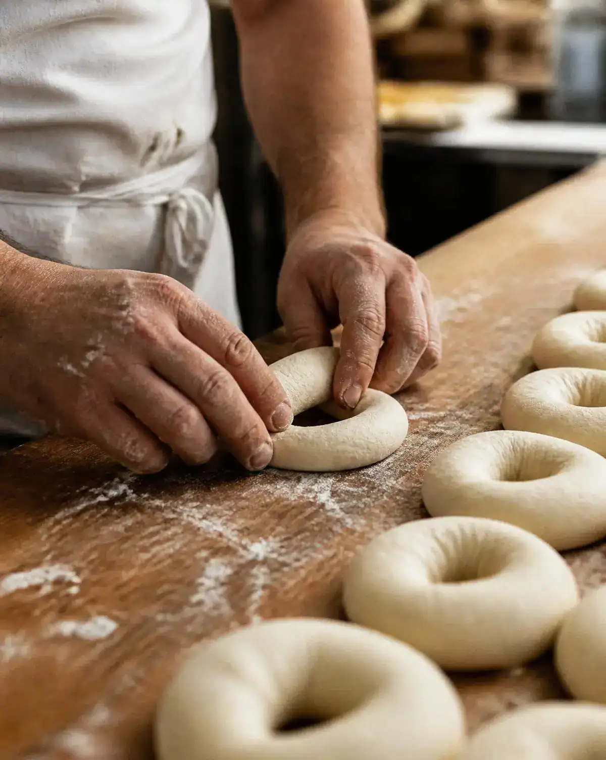 Baker hand-rolling bagel dough on a flour-dusted wooden table