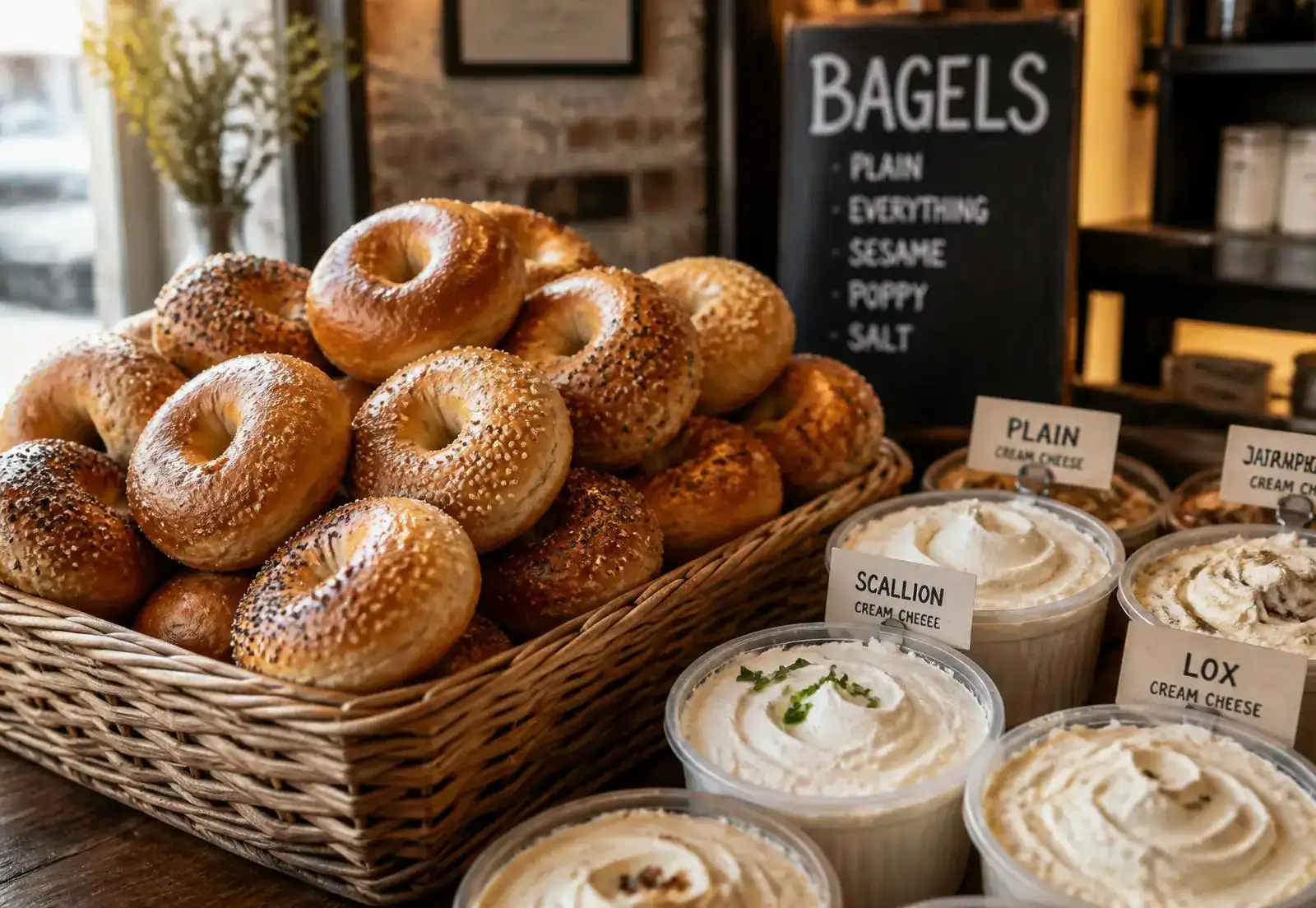 Basket of bagels with scallion, plain, and lox cream cheese