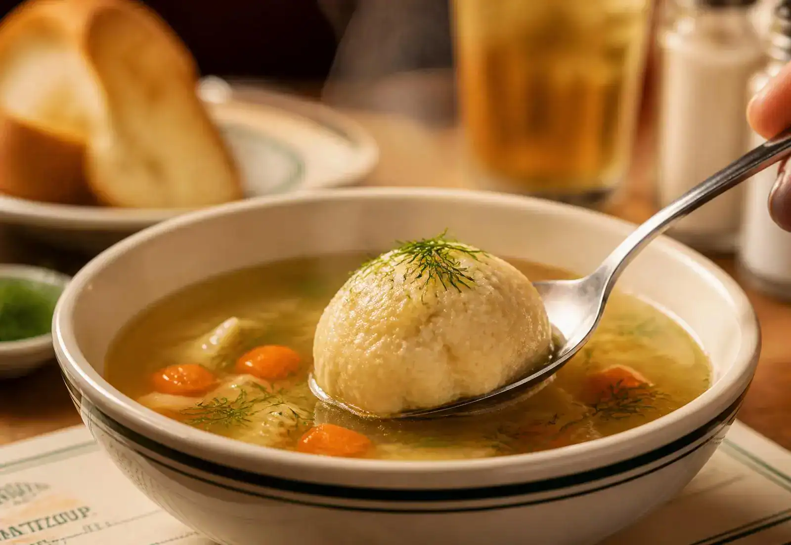 Matzo ball soup with dill, lifted on a spoon